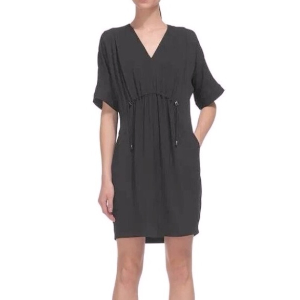 WHISTLES Frances Gathered Drawstring Short Sleeve Black Dress Womens Size 2